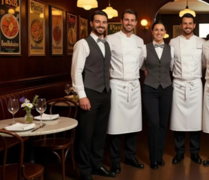 Az étterem személyzeti csoportja mosolyog egy európai bisztróban